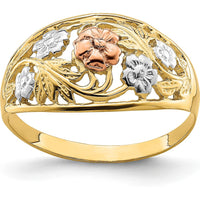 14K Tri-Color Floral Dome Ring with White Rhodium Detailing by 0