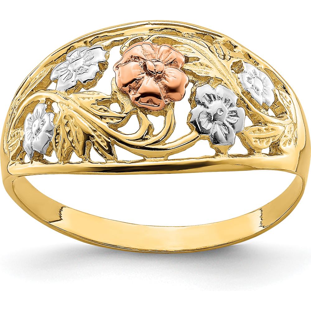 14K Tri-Color Floral Dome Ring with White Rhodium Detailing by 0
