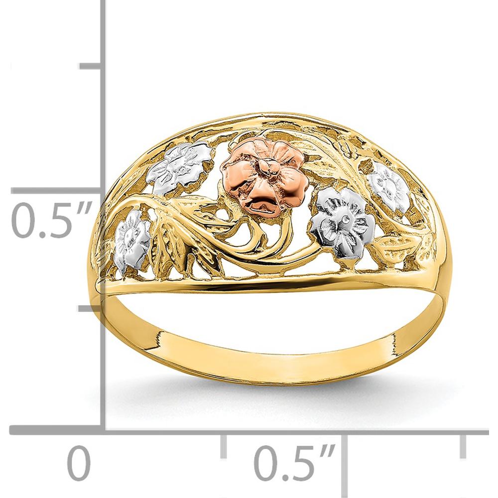 14K Tri-Color Floral Dome Ring with White Rhodium Detailing by 0