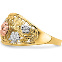 14K Tri-Color Floral Dome Ring with White Rhodium Detailing by 0