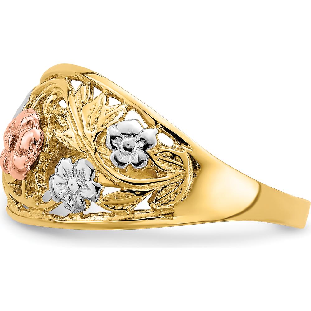 14K Tri-Color Floral Dome Ring with White Rhodium Detailing by 0