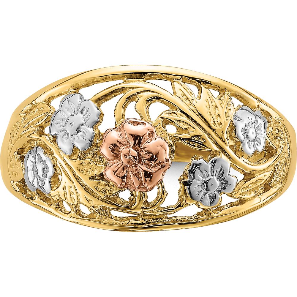 14K Tri-Color Floral Dome Ring with White Rhodium Detailing by 0