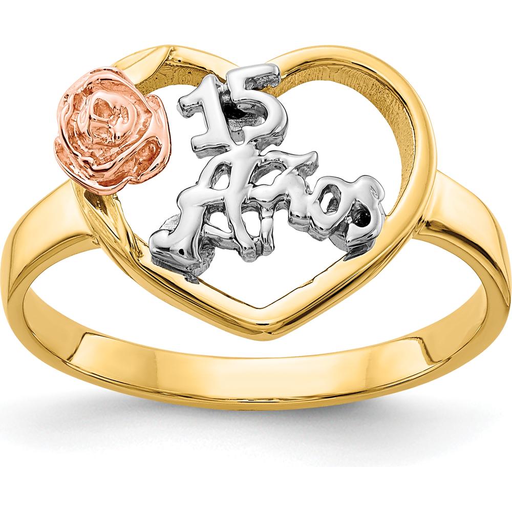 14K Tri-Color Gold 15 Anos Heart Ring with Rose Accent by Oro Pregiato