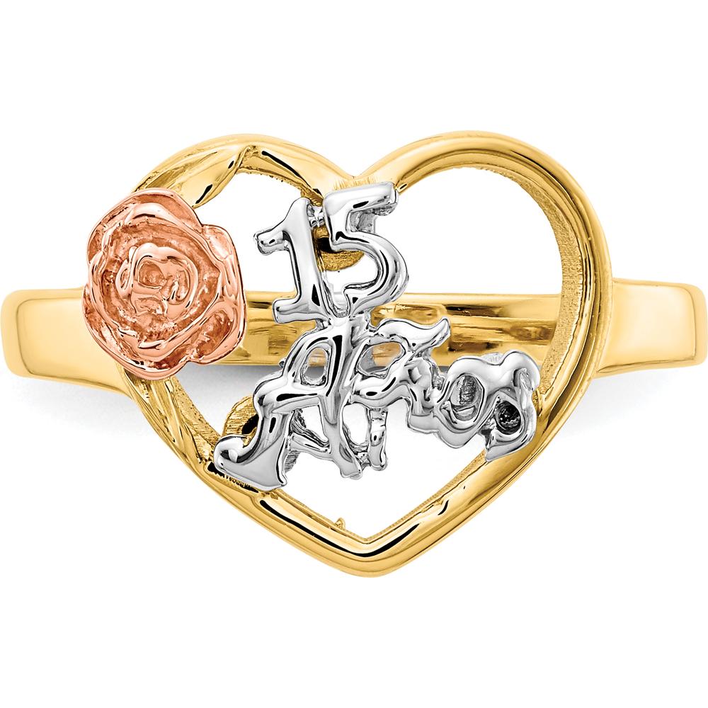 14K Tri-Color Gold 15 Anos Heart Ring with Rose Accent by Oro Pregiato