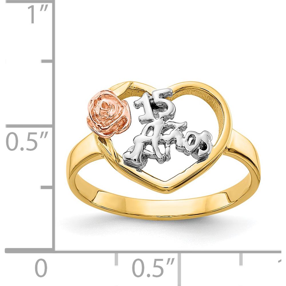 14K Tri-Color Gold 15 Anos Heart Ring with Rose Accent by Oro Pregiato