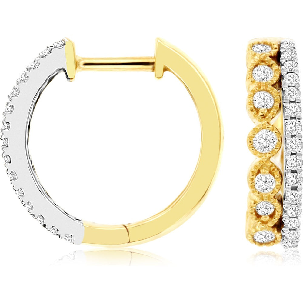 14K Tri-Color Gold 15mm Diamond Hoop Earrings with Pavé Set Round Diamonds - 0.35 Carat Total Diamond Weight - Royal Jewelry