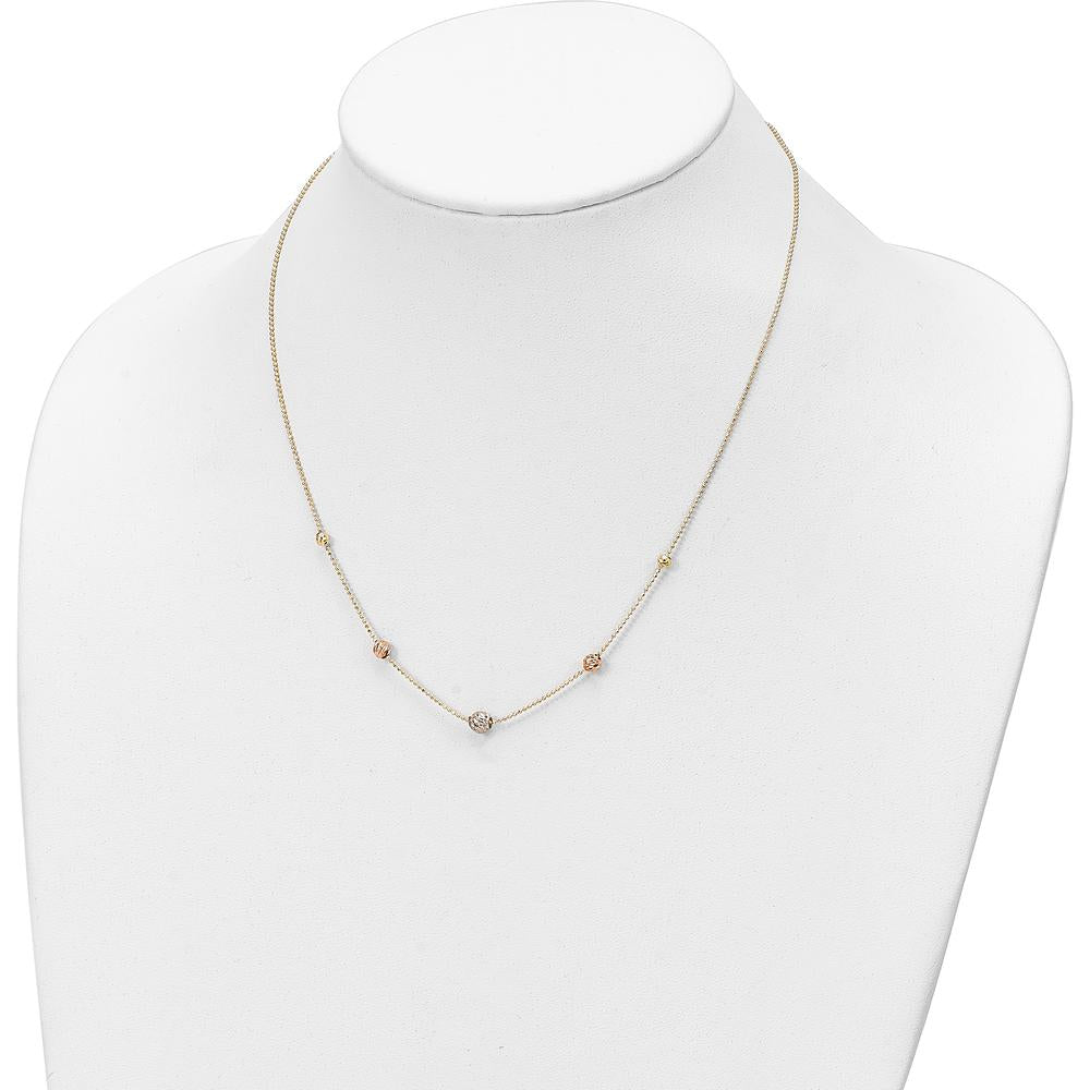 14K Tri-Color Gold 18" Diamond-Cut Beaded Chain Station Necklace by 0