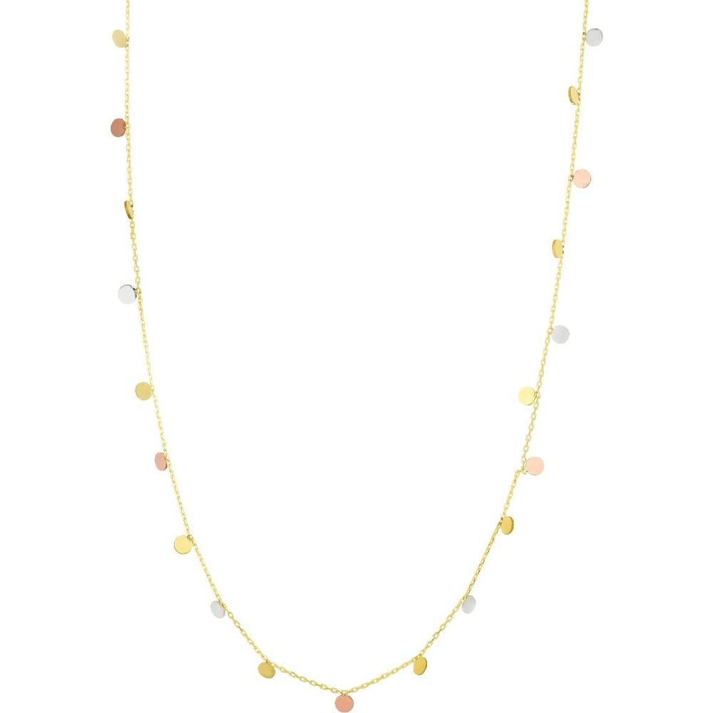 14K Tri-Color Gold 18" Station Necklace with Dangling Circles and Polished Finish by Orozza Fine Jewelry