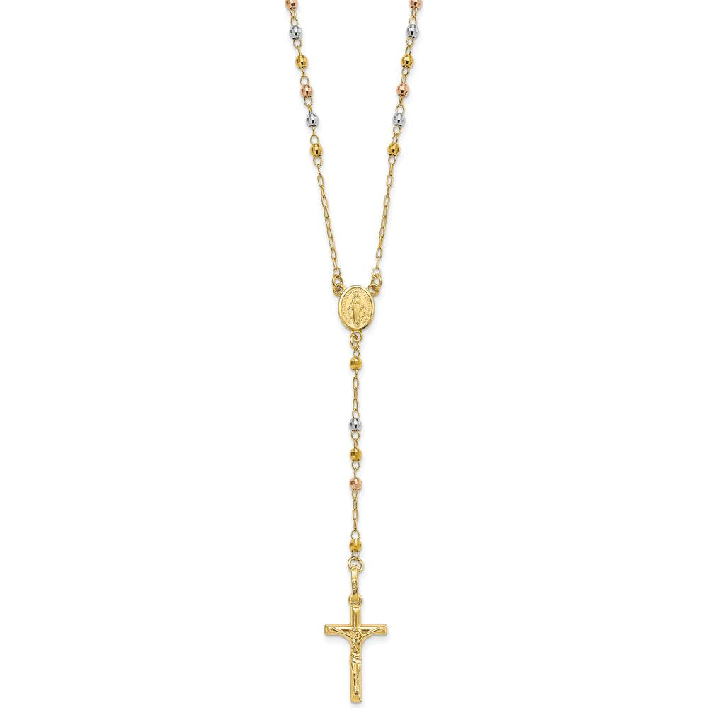 14K Tri-color Gold 24" Rosary Necklace with Polished Crucifix and Miraculous Medal by 0
