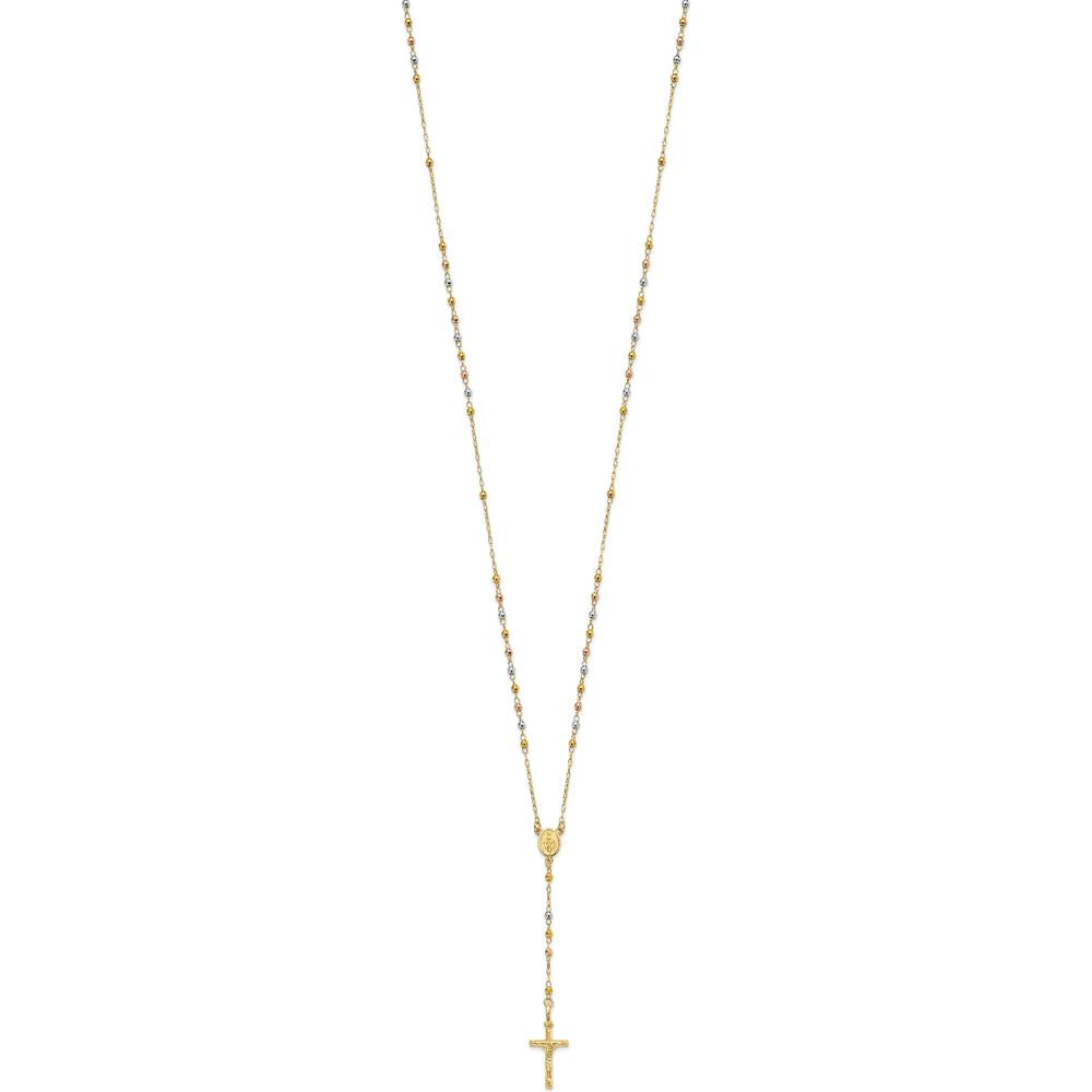 14K Tri-color Gold 24" Rosary Necklace with Polished Crucifix and Miraculous Medal by 0