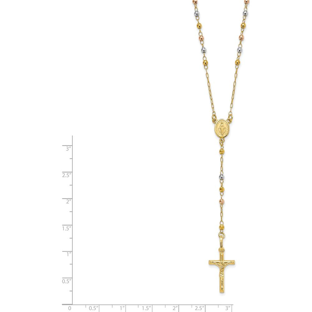 14K Tri-color Gold 24" Rosary Necklace with Polished Crucifix and Miraculous Medal by 0