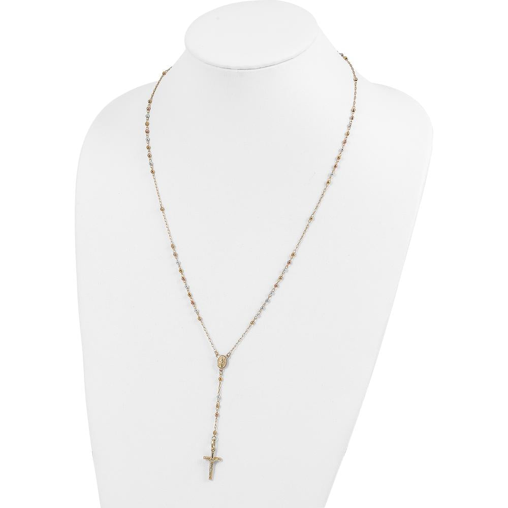 14K Tri-color Gold 24" Rosary Necklace with Polished Crucifix and Miraculous Medal by 0