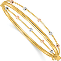 14K Tri-Color Gold 3-Row Diamond-cut Beaded Hinged Bangle Bracelet - Polished Finish by Oro Pregiato