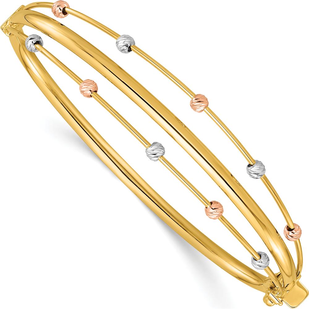 14K Tri-Color Gold 3-Row Diamond-cut Beaded Hinged Bangle Bracelet - Polished Finish by Oro Pregiato