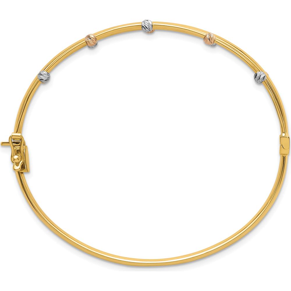 14K Tri-Color Gold 3-Row Diamond-cut Beaded Hinged Bangle Bracelet - Polished Finish by Oro Pregiato