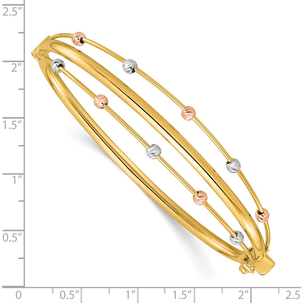 14K Tri-Color Gold 3-Row Diamond-cut Beaded Hinged Bangle Bracelet - Polished Finish by Oro Pregiato