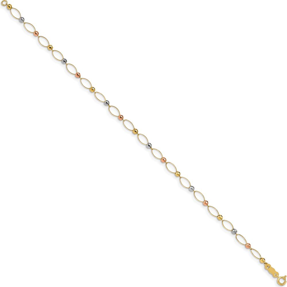 14K Tri-Color Gold 7" Fancy Link Bracelet with Diamond-Cut Texture and Mirror Beads by Oro Pregiato