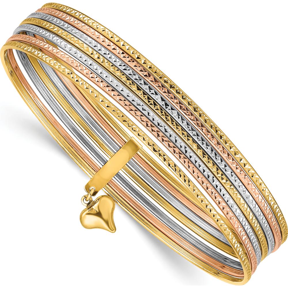 14K Tri-Color Gold 7-Strand Polished and Textured Bangle Bracelet with Dangle Heart Charm by Oro Pregiato