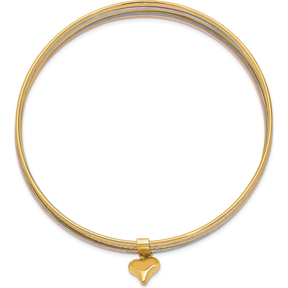 14K Tri-Color Gold 7-Strand Polished and Textured Bangle Bracelet with Dangle Heart Charm by Oro Pregiato