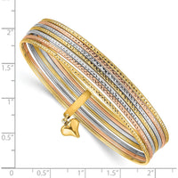 14K Tri-Color Gold 7-Strand Polished and Textured Bangle Bracelet with Dangle Heart Charm by Oro Pregiato