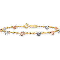 14K Tri-Color Gold 8" Diamond-Cut Puffed Heart Bracelet by 0