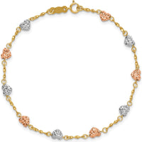 14K Tri-Color Gold 8" Diamond-Cut Puffed Heart Bracelet by 0