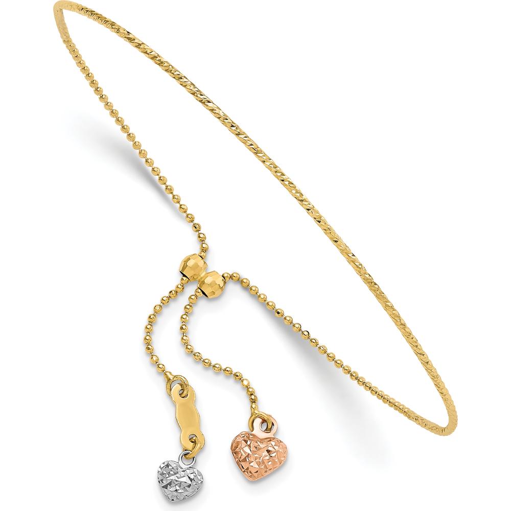 14K Tri-color Gold Adjustable Bangle Bracelet with Diamond-Cut Heart Dangles by Oro Pregiato