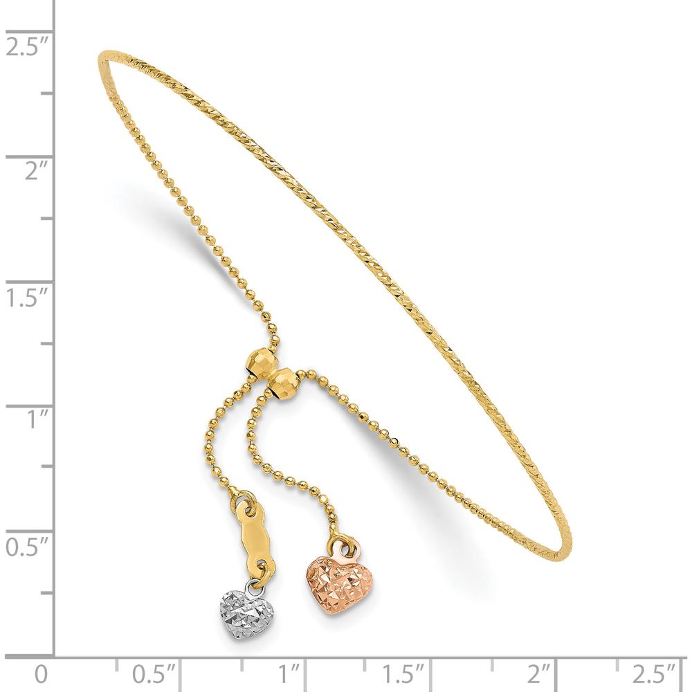 14K Tri-color Gold Adjustable Bangle Bracelet with Diamond-Cut Heart Dangles by Oro Pregiato
