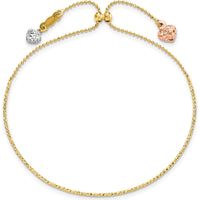 14K Tri-color Gold Adjustable Bangle Bracelet with Diamond-Cut Heart Dangles by Oro Pregiato