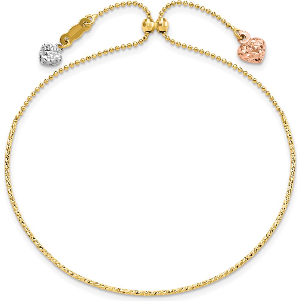 14K Tri-color Gold Adjustable Bangle Bracelet with Diamond-Cut Heart Dangles by Oro Pregiato