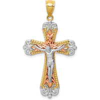 14K Tri-Color Gold and Rhodium Diamond-Cut Crucifix Pendant by Oro Pregiato