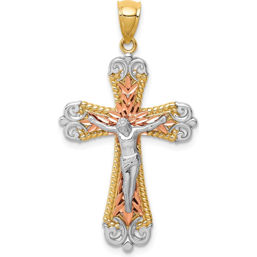 14K Tri-Color Gold and Rhodium Diamond-Cut Crucifix Pendant by Oro Pregiato