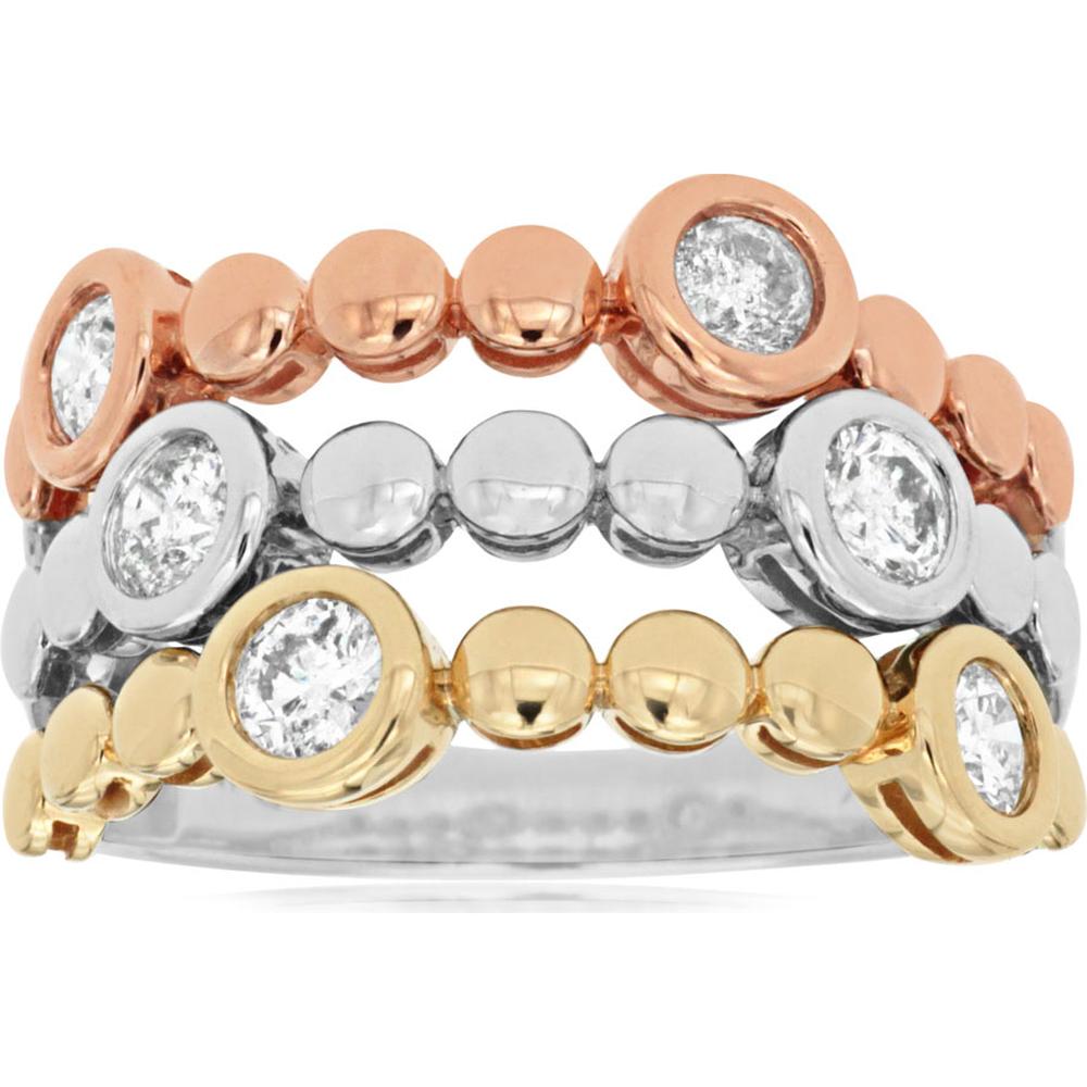 14K Tri-Color Gold Band Ring with Bezel-Set Round Diamonds - 0.75 Carat Total Diamond Weight - Royal Jewelry