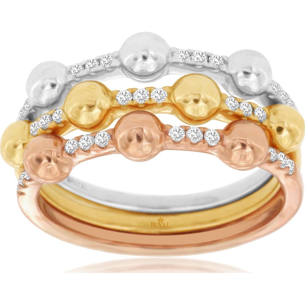 14K Tri-Color Gold Beaded Diamond Wedding Band with Round Brilliant Stones - 0.23 Total Carat Weight - Royal Jewelry