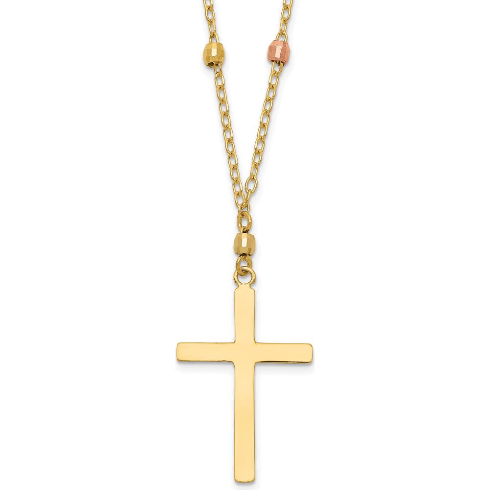 14K Tri-color Gold Beaded Necklace with Polished Cross Pendant - 18" Length by 0