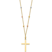 14K Tri-color Gold Beaded Necklace with Polished Cross Pendant - 18" Length by 0