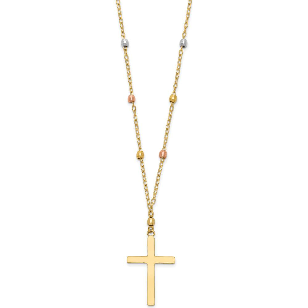 14K Tri-color Gold Beaded Necklace with Polished Cross Pendant - 18" Length by 0