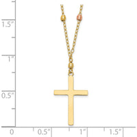 14K Tri-color Gold Beaded Necklace with Polished Cross Pendant - 18" Length by 0