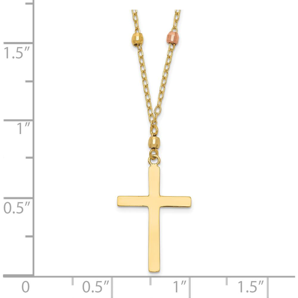 14K Tri-color Gold Beaded Necklace with Polished Cross Pendant - 18" Length by 0