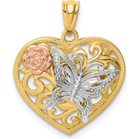 14K Tri-color Gold Butterfly Heart Pendant with Intricate Filigree Design by Oro Pregiato