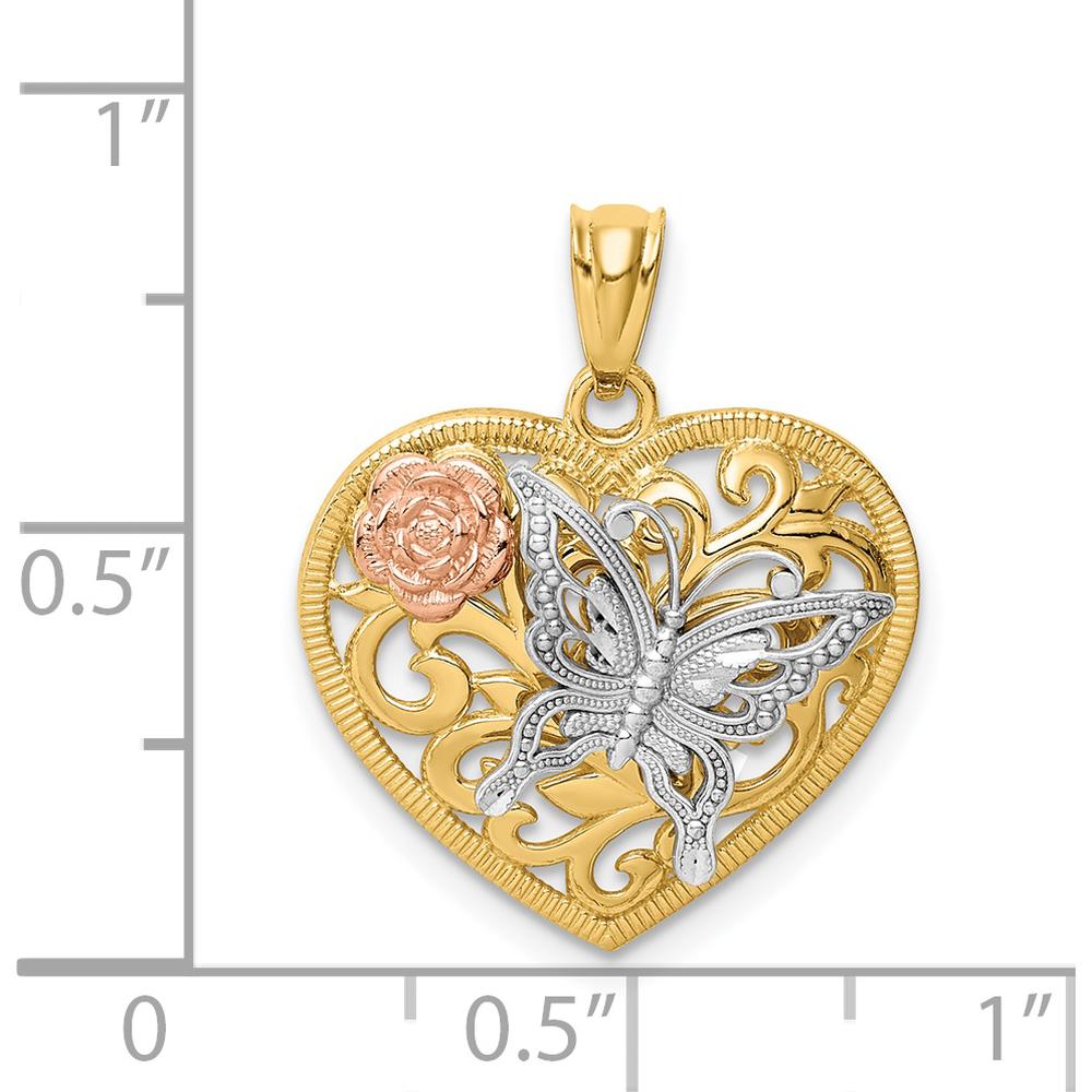 14K Tri-color Gold Butterfly Heart Pendant with Intricate Filigree Design by Oro Pregiato