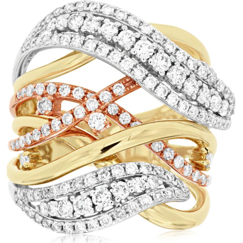 14K Tri-Color Gold Crisscross Diamond Ring with Round Brilliant Cut Stones - 1.46 Carat Total Diamond Weight - Royal Jewelry