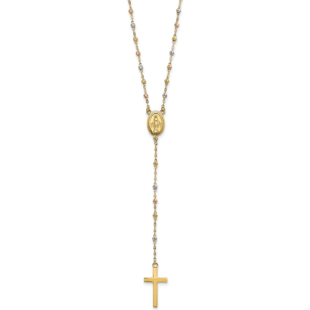 14K Tri-color Gold Cross and Miraculous Medal Rosary Necklace with Diamond-cut Beads - 17" with 3" Extender by 0