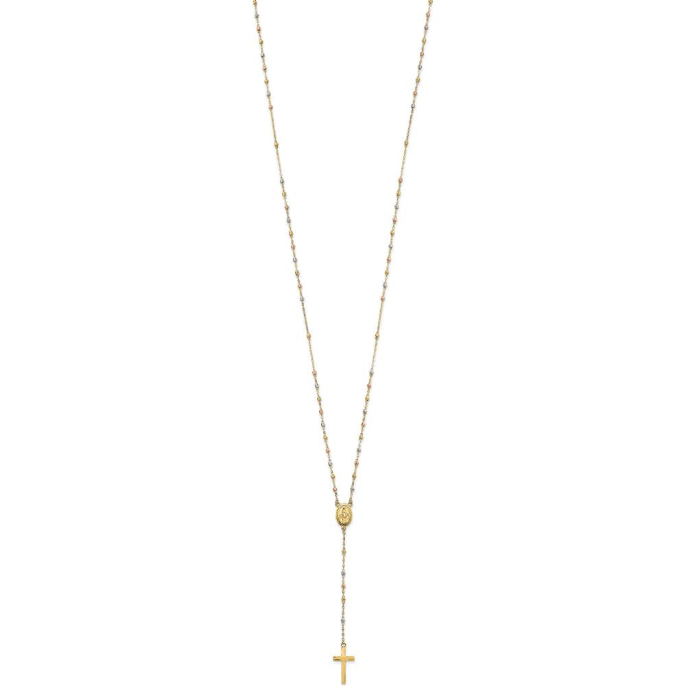 14K Tri-color Gold Cross and Miraculous Medal Rosary Necklace with Diamond-cut Beads - 17" with 3" Extender by 0