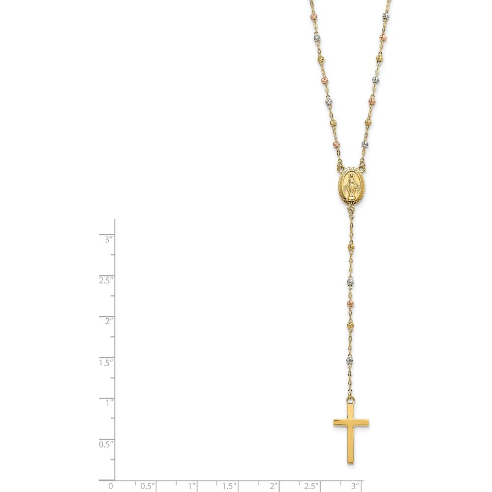 14K Tri-color Gold Cross and Miraculous Medal Rosary Necklace with Diamond-cut Beads - 17" with 3" Extender by 0