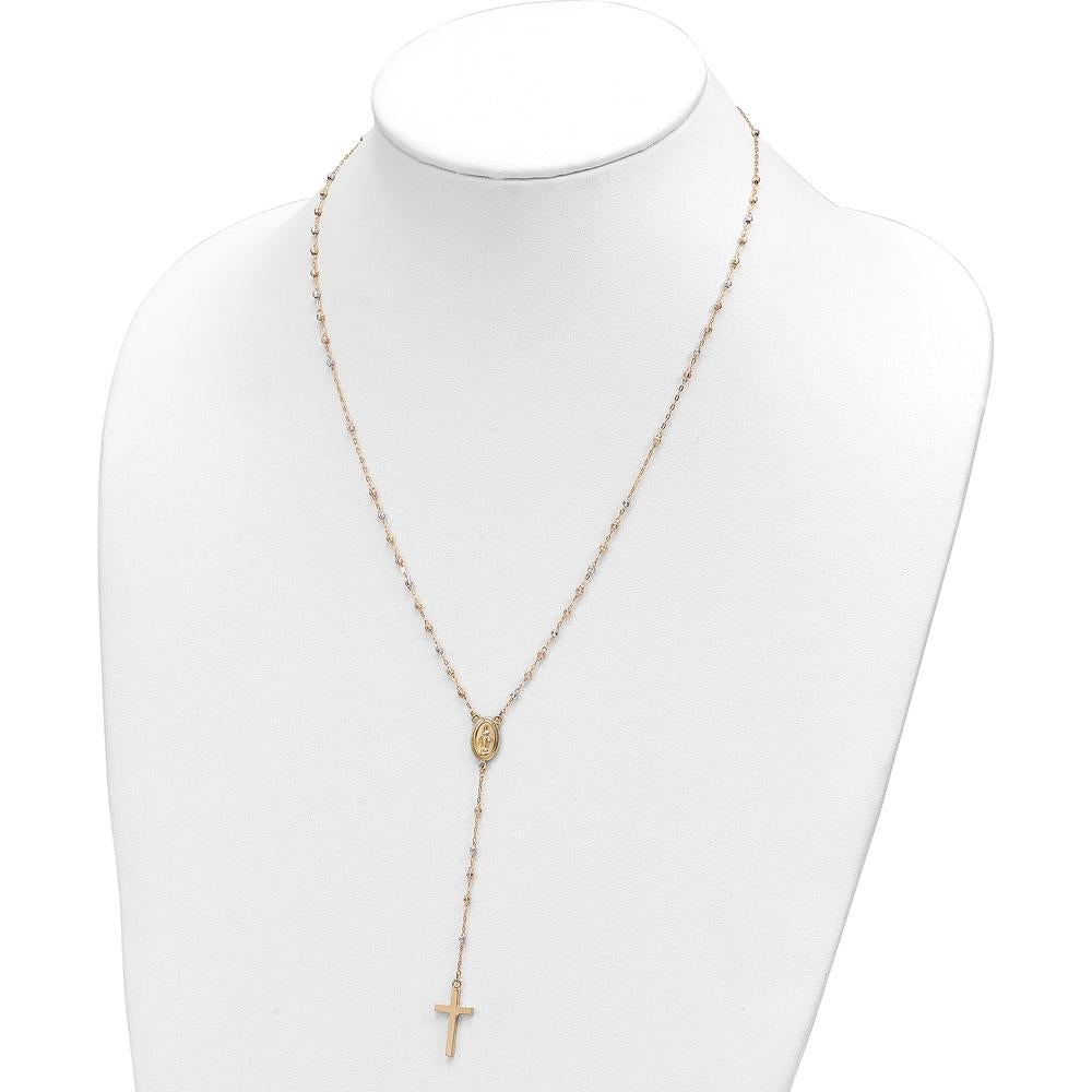 14K Tri-color Gold Cross and Miraculous Medal Rosary Necklace with Diamond-cut Beads - 17" with 3" Extender by 0