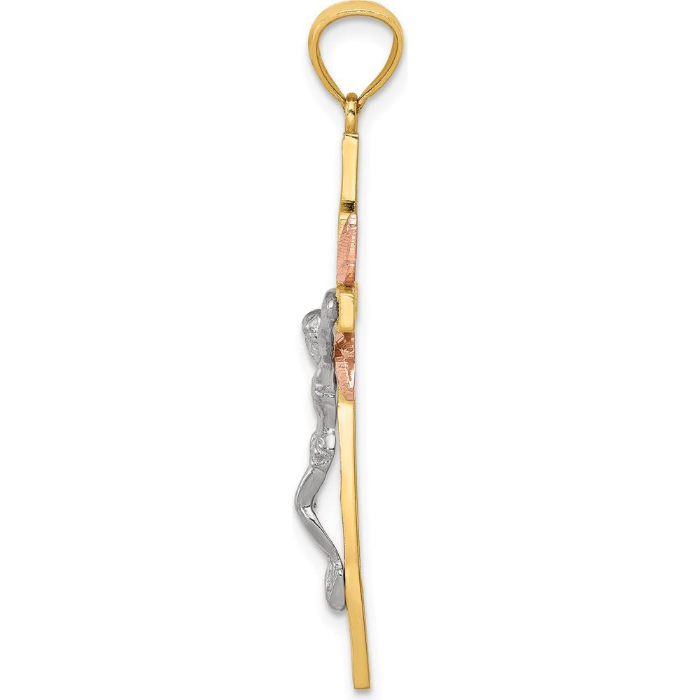14K Tri-Color Gold Crucifix Pendant with Rose Gold Halo - 42mm Length by Oro Pregiato