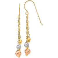 14K Tri-Color Gold Dangle Earrings with Diamond-Cut Beads - 45mm Length by 0