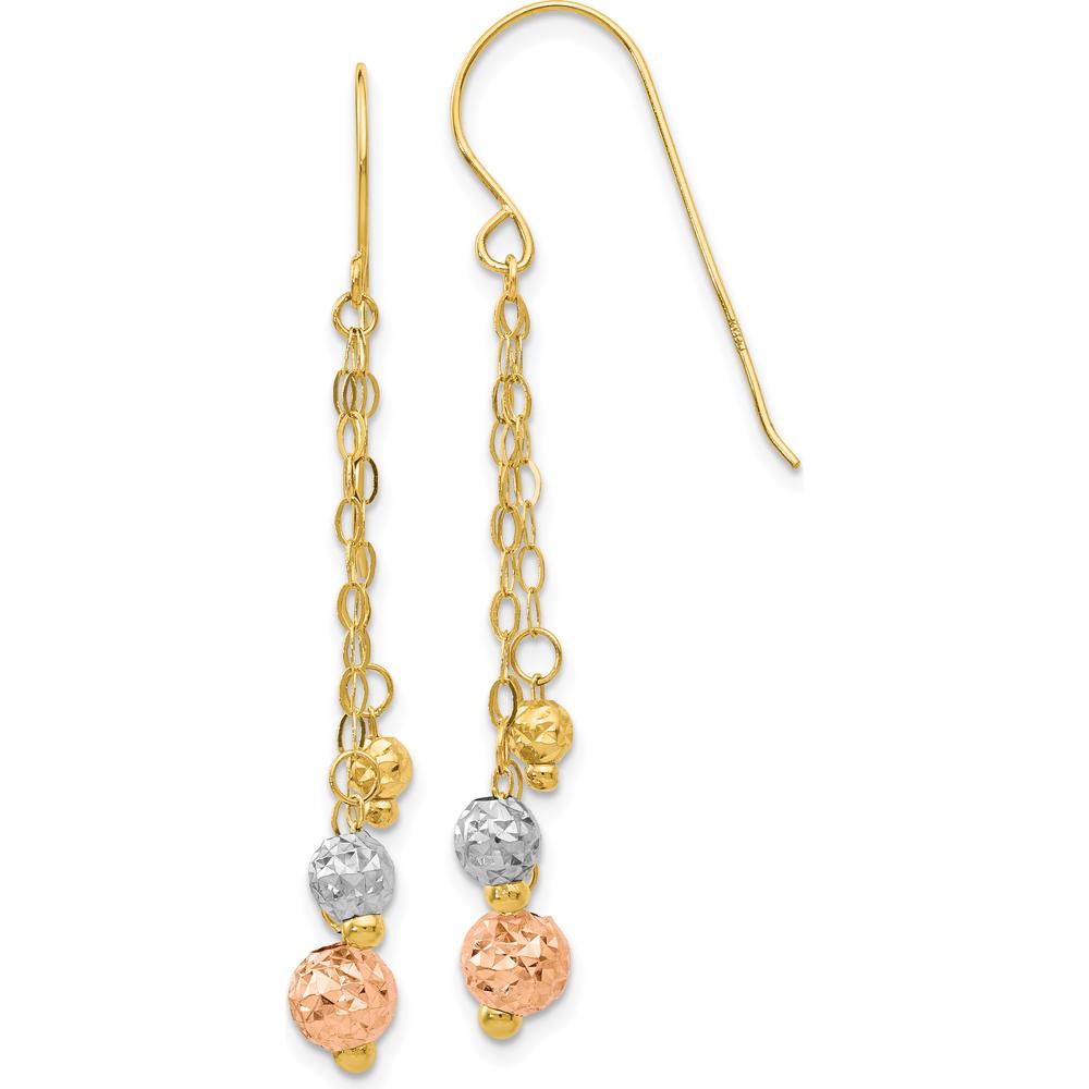 14K Tri-Color Gold Dangle Earrings with Diamond-Cut Beads - 45mm Length by 0