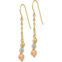 14K Tri-Color Gold Dangle Earrings with Diamond-Cut Beads - 45mm Length by 0